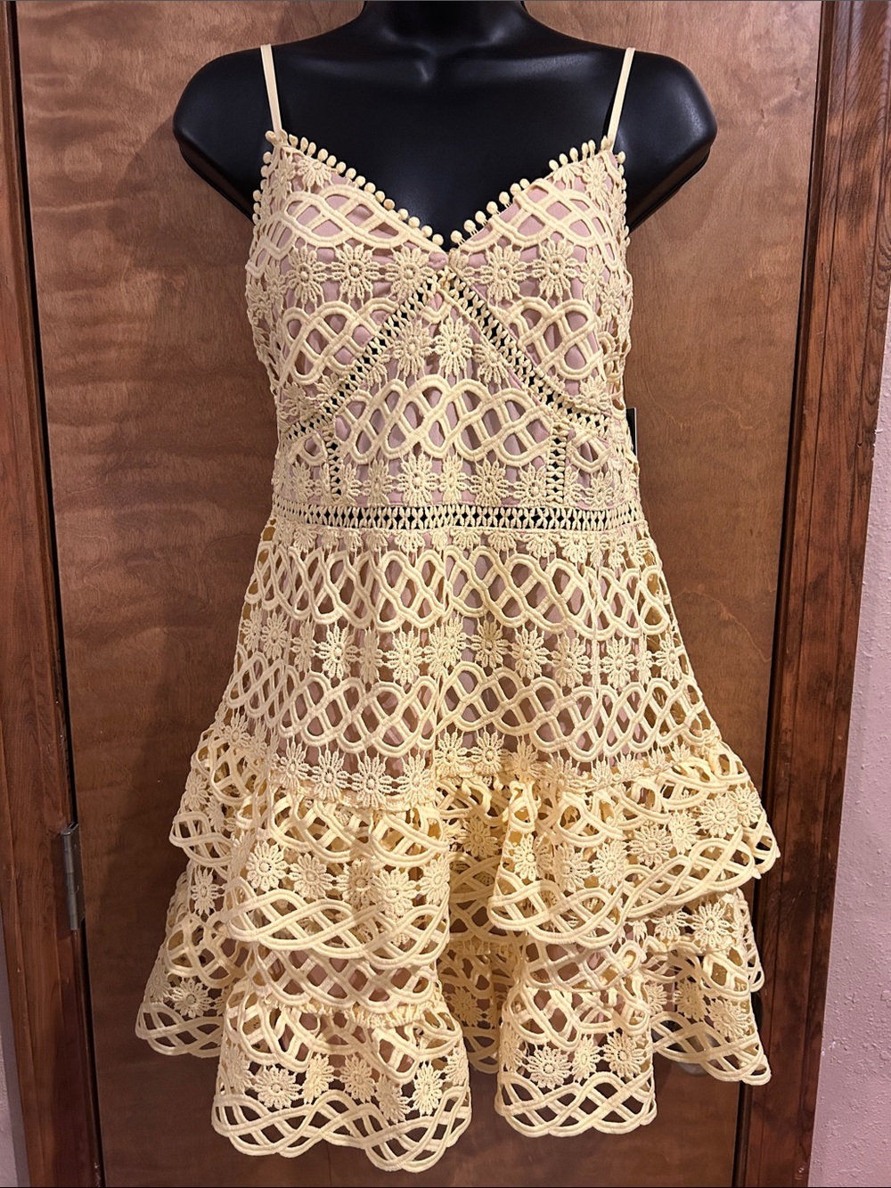 Sleeveless Crochet Lace Mini Dress in Pale Yellow - Homecoming